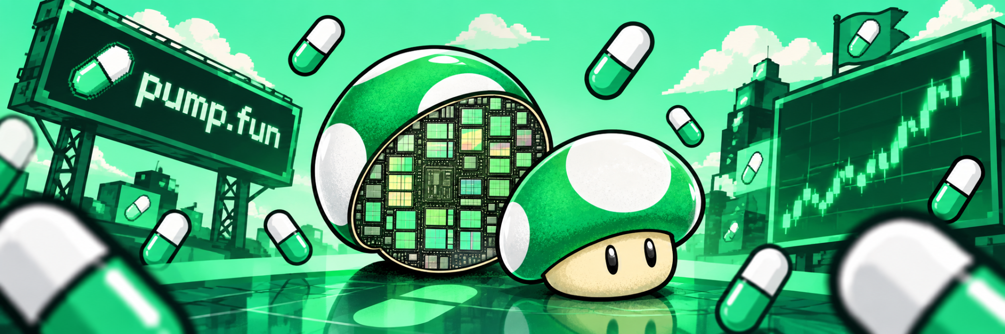 pumpshroom city banner with capsules and a green market chart