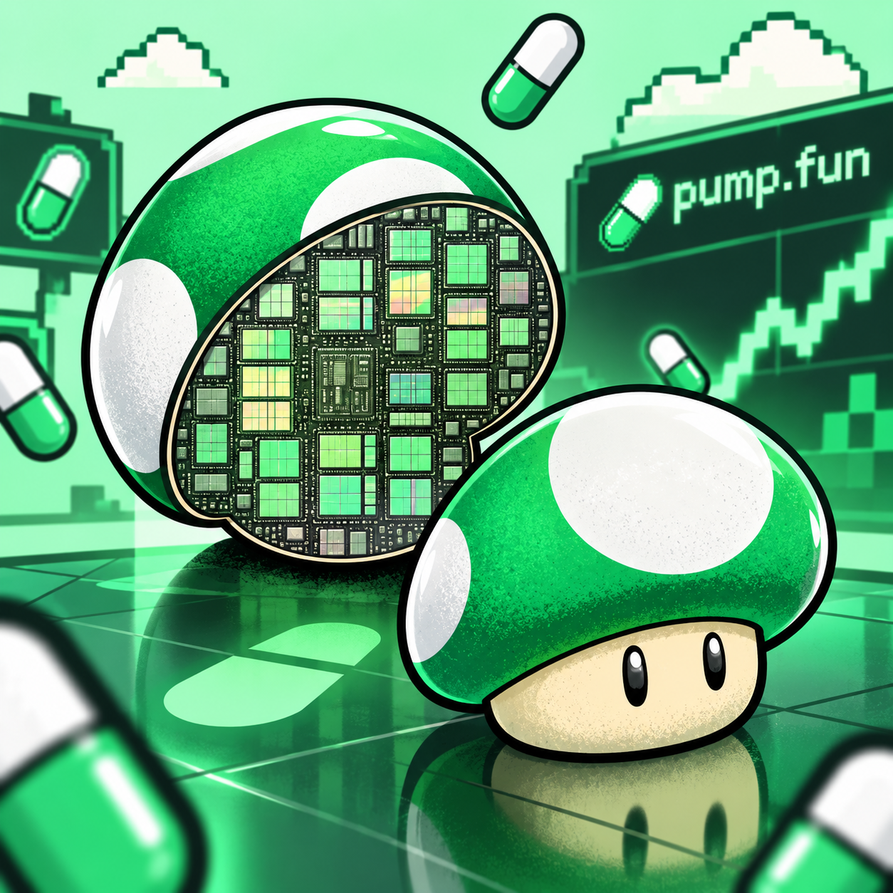 pumpshroom character in a green digital market